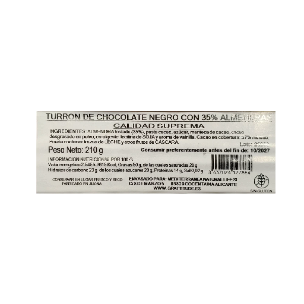 Turrón de Chocolate Negro Artesano Calidad Suprema 210g - Imagen 2